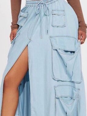 Light Blue Maxi Cargo Skirt with High Side Slit